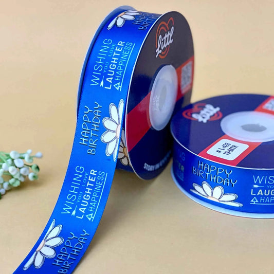 ribbon-Blue-Birthday Ribbon 1 Inch 19 Meter - Happy Birthday Gift Wrapping Party Decoration Cake Packaging - Premium Double Face Satin - 11 Colors - Ships Same Day India-Littl Ribbons