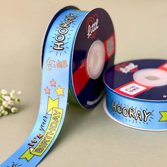 ribbon-Sky Blue-Birthday Printed Satin Ribbon 1 Inch 19 Meter - Gift Wrapping Party Decoration Cake Box - Happy Birthday Design - 6 Colors - Ships Same Day India-Littl Ribbons