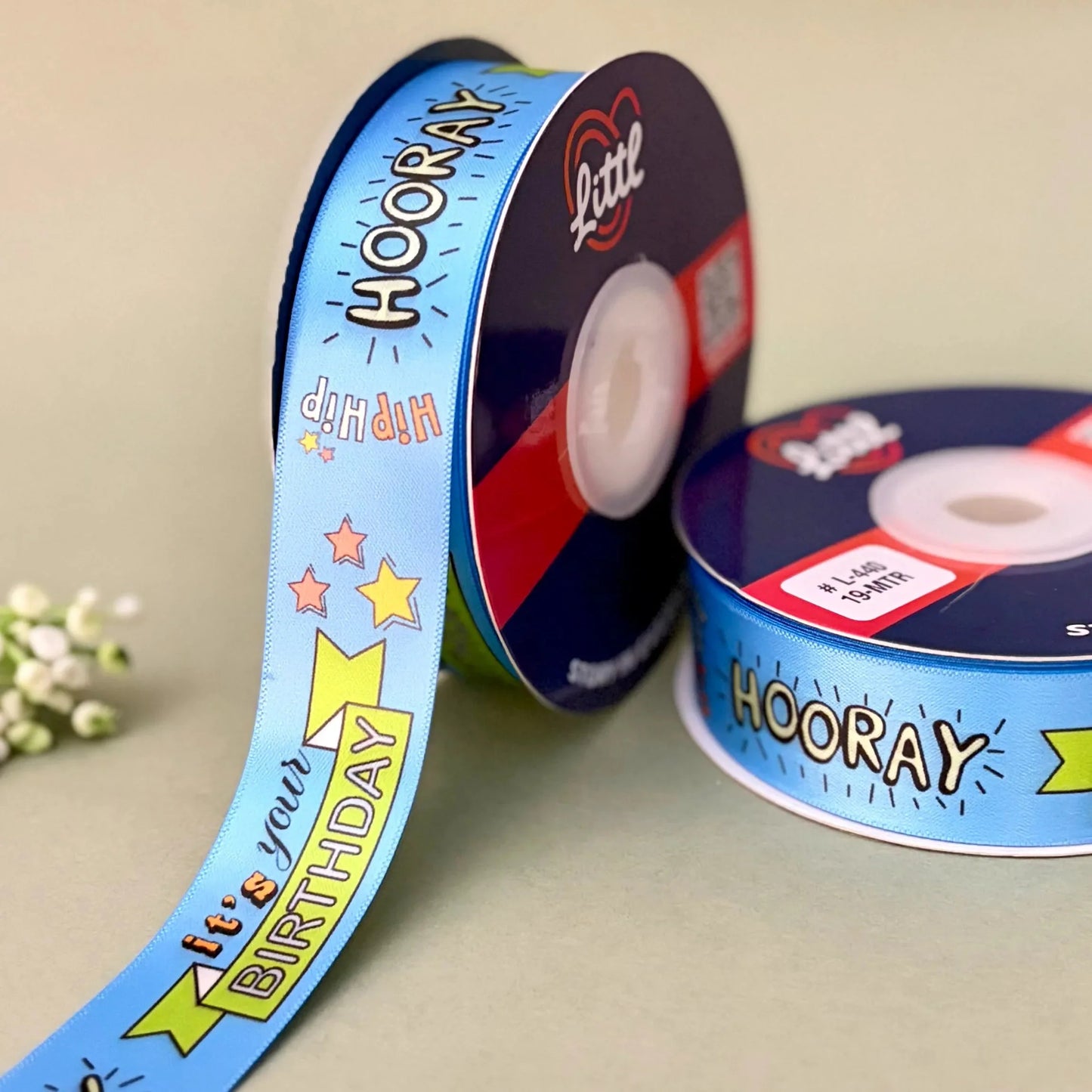 printed ribbon - birthday printed  ribbon 1 inch 19 meter - gift wrapping party decoration - double face polyester - 6 colors sky blue  littl