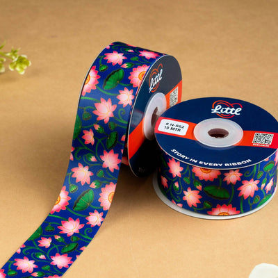 Pink Blue Folk - Pichrang Collection Printed Ribbon 38mm - folk art printed ribbon by Littl India