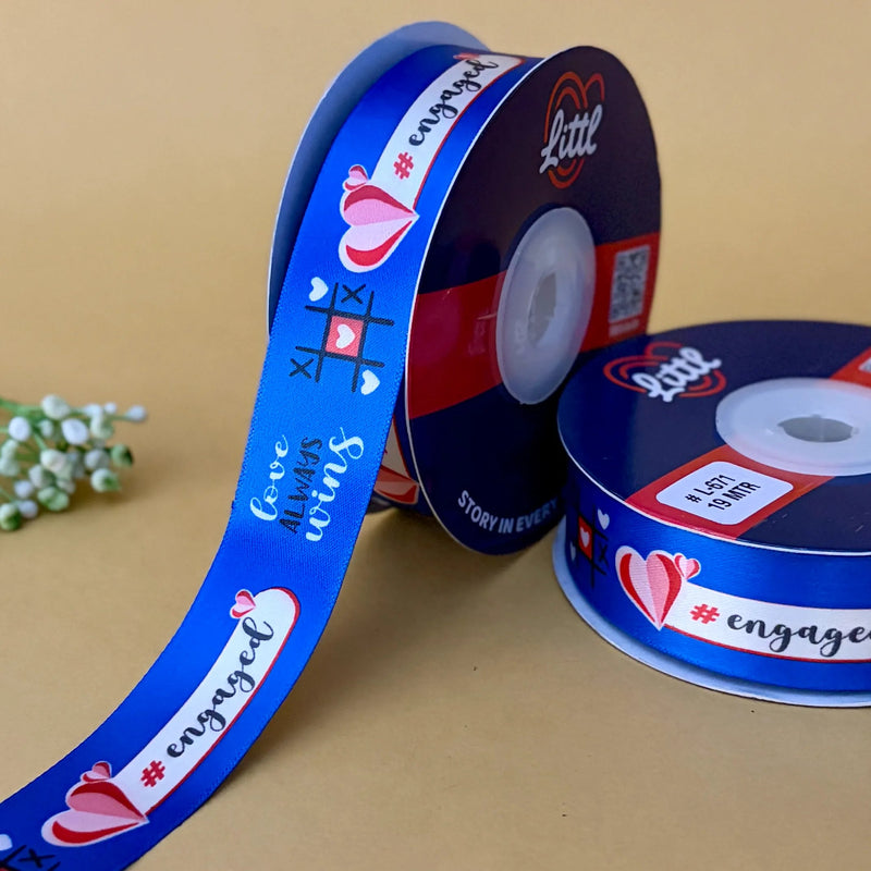 Engagement Printed Ribbon 25mm - Blue - printed satin ribbon by Littl India