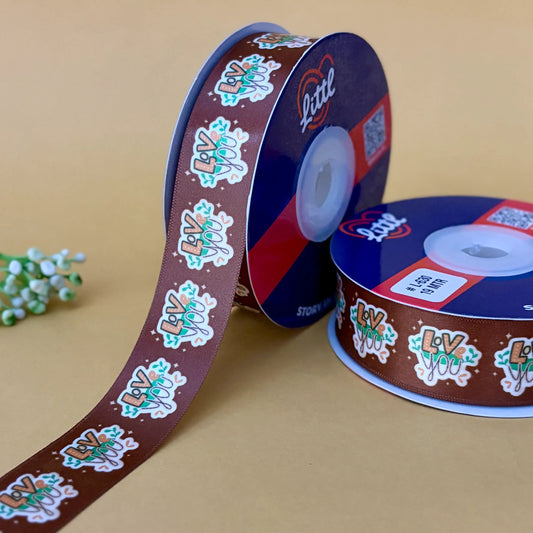 ribbon-Brown-I Love You Ribbon - Romantic Printed Satin - Valentine's Day Gift Wrapping - 1 Inch x 19M - 9 Colors-Littl Ribbons