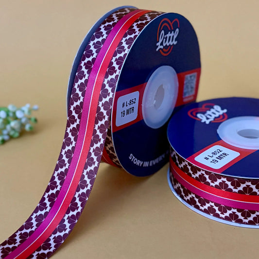 Ribbon--Brown 1 inch Printed Satin Ribbon- Pichrang Collection- L852-Littl