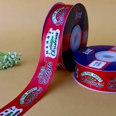 ribbon-Red-Christmas Ribbon Red - Merry Christmas Printed Satin - Gift Wrapping & Tree Decoration - 25MM x 19M-Littl Ribbons