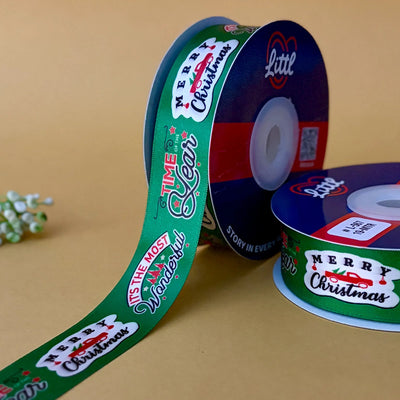 ribbon-Green-Christmas Ribbon Red - Merry Christmas Printed Satin - Gift Wrapping & Tree Decoration - 25MM x 19M-Littl Ribbons
