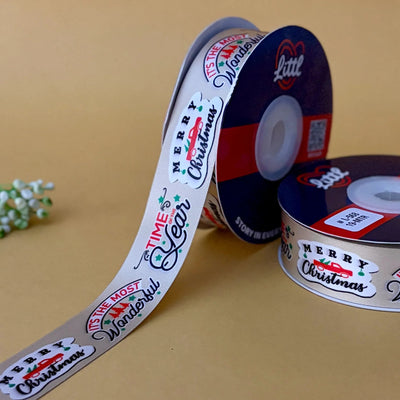 ribbon-Beige-Christmas Ribbon Red - Merry Christmas Printed Satin - Gift Wrapping & Tree Decoration - 25MM x 19M-Littl Ribbons