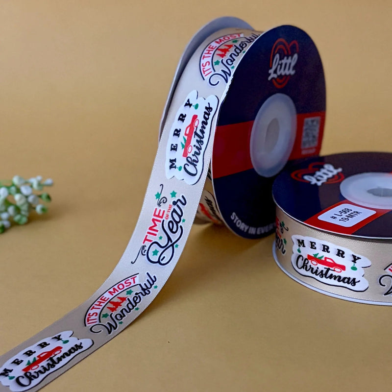 Merry Christmas Printed Ribbon 25mm - Red - Beige - printed satin ribbon by Littl India
