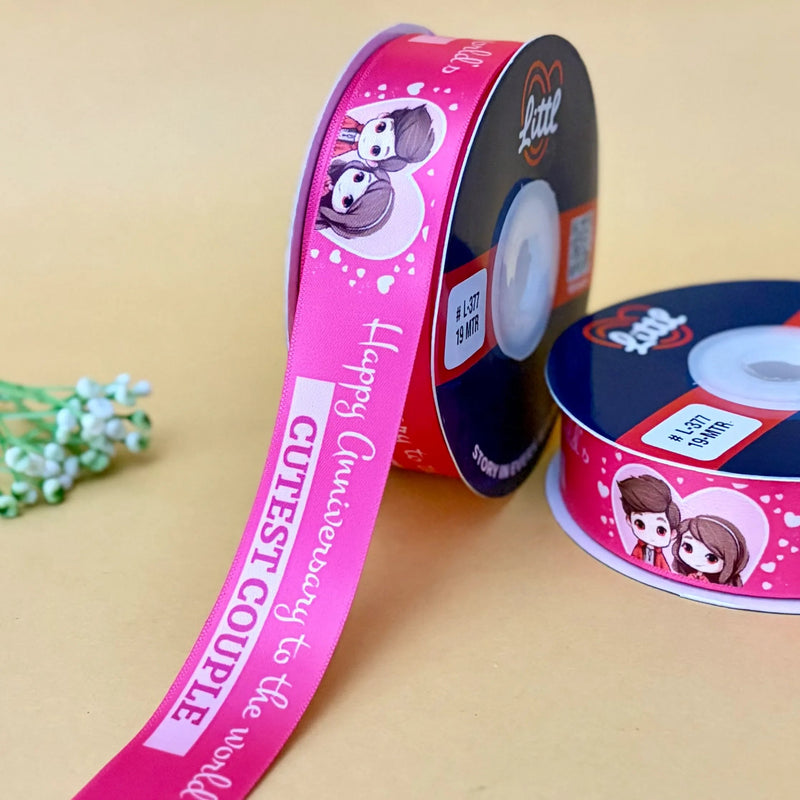 Happy Anniversary Printed Ribbon 25mm - Fuchsia - printed satin ribbon by Littl India