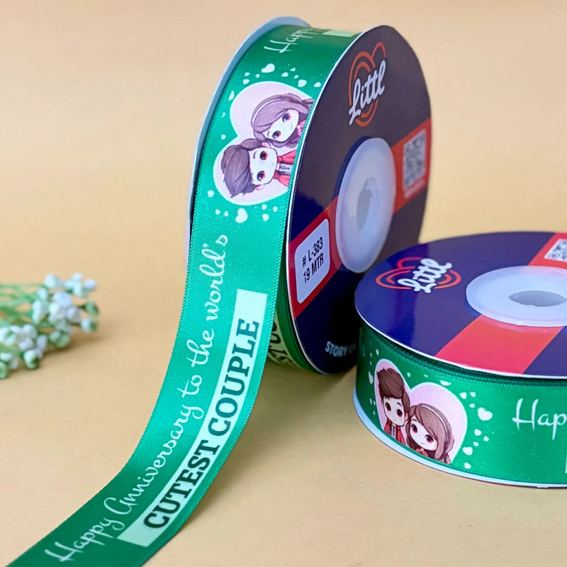 Happy Anniversary Printed Ribbon 25mm - Green - printed satin ribbon by Littl India
