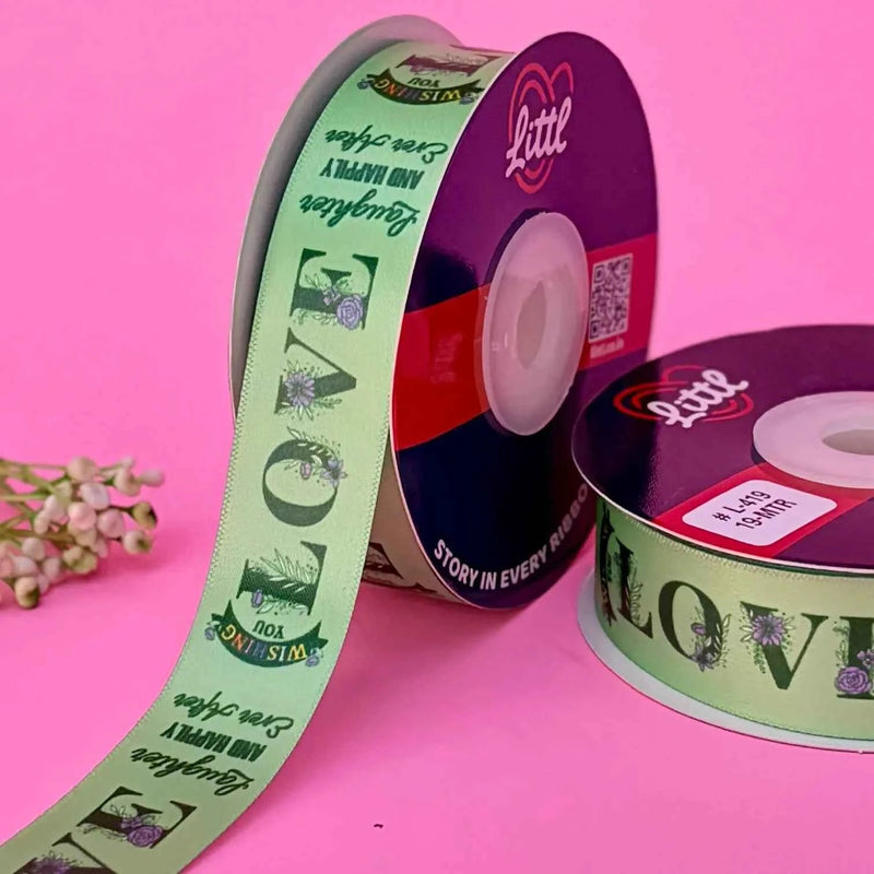 Happy Anniversary Printed Ribbon 25mm - Classic Colours - Sea Green - printed satin ribbon by Littl India