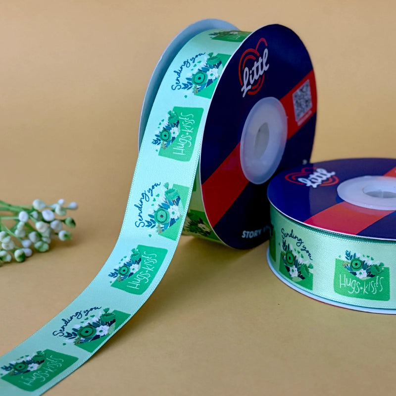 I Love You Printed Ribbon 25mm - Olive - printed satin ribbon by Littl India
