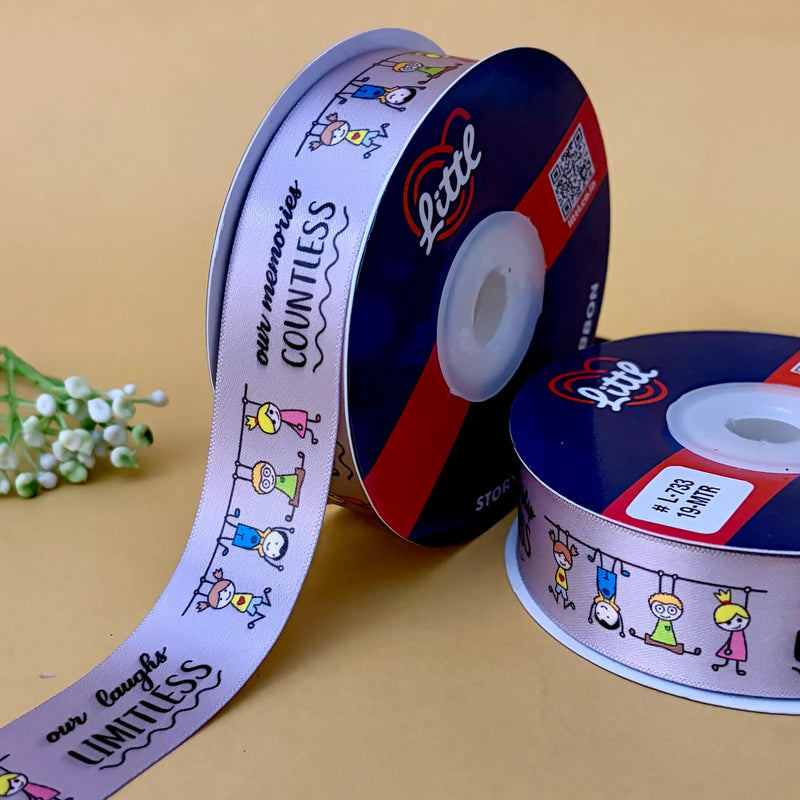 Friendship Printed Ribbon 25mm - Grey - printed satin ribbon by Littl India