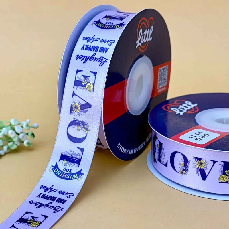 Happy Anniversary Printed Ribbon 25mm - Classic Colours - Pink - printed satin ribbon by Littl India