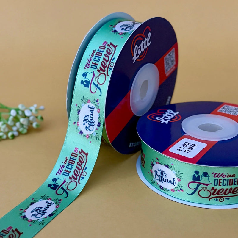 Engagement Printed Ribbon 25mm - Alternate Colours - Light Green - printed satin ribbon by Littl India