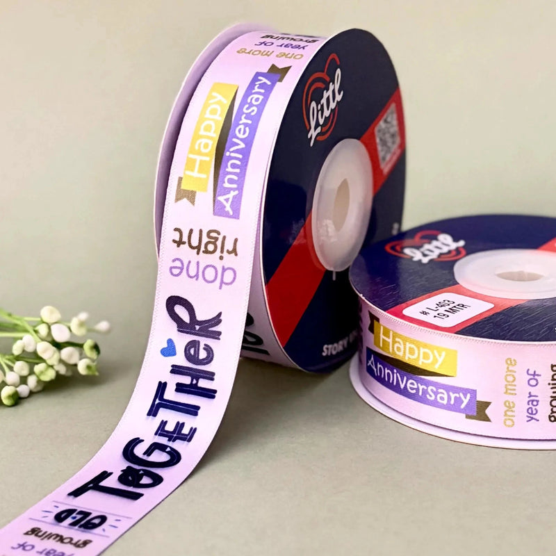 Happy Anniversary Printed Ribbon 25mm - Warm Tones - Lilac - printed satin ribbon by Littl India