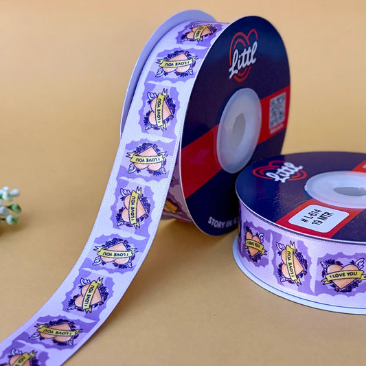 ribbon-Lilac-I Love You Satin Ribbon 1 Inch 19 Meter - Valentine's Day Gift Wrapping Anniversary Romantic Packaging - Premium Double Face - 4 Colors - Ships Same Day India-Littl Ribbons