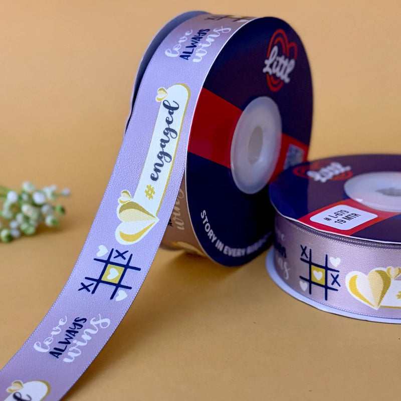 Engagement Printed Ribbon 25mm - Grey - printed satin ribbon by Littl India