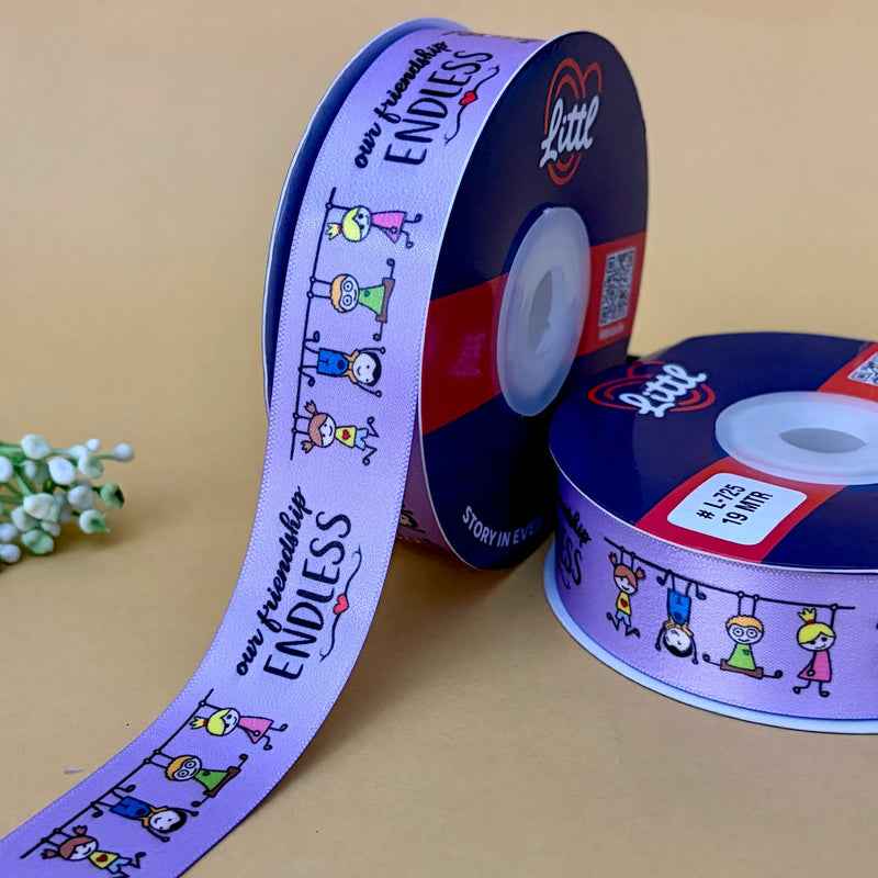 Friendship Printed Ribbon 25mm - Lilac - printed satin ribbon by Littl India