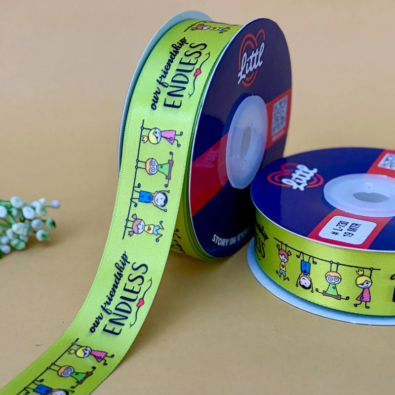 Friendship Printed Ribbon 25mm - Lime Green - printed satin ribbon by Littl India