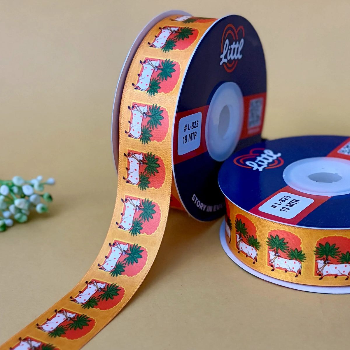Gau Mata Folk - Pichrang Collection Printed Ribbon 1 inch (25 mm) - folk art printed ribbon by Littl India