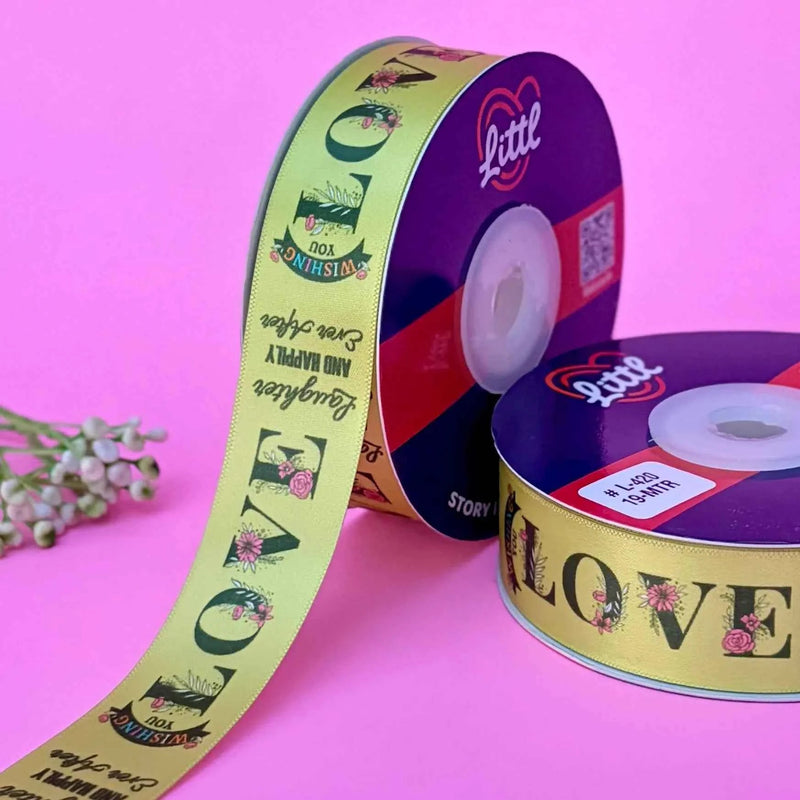 Happy Anniversary Printed Ribbon 25mm - Classic Colours - Olive - printed satin ribbon by Littl India