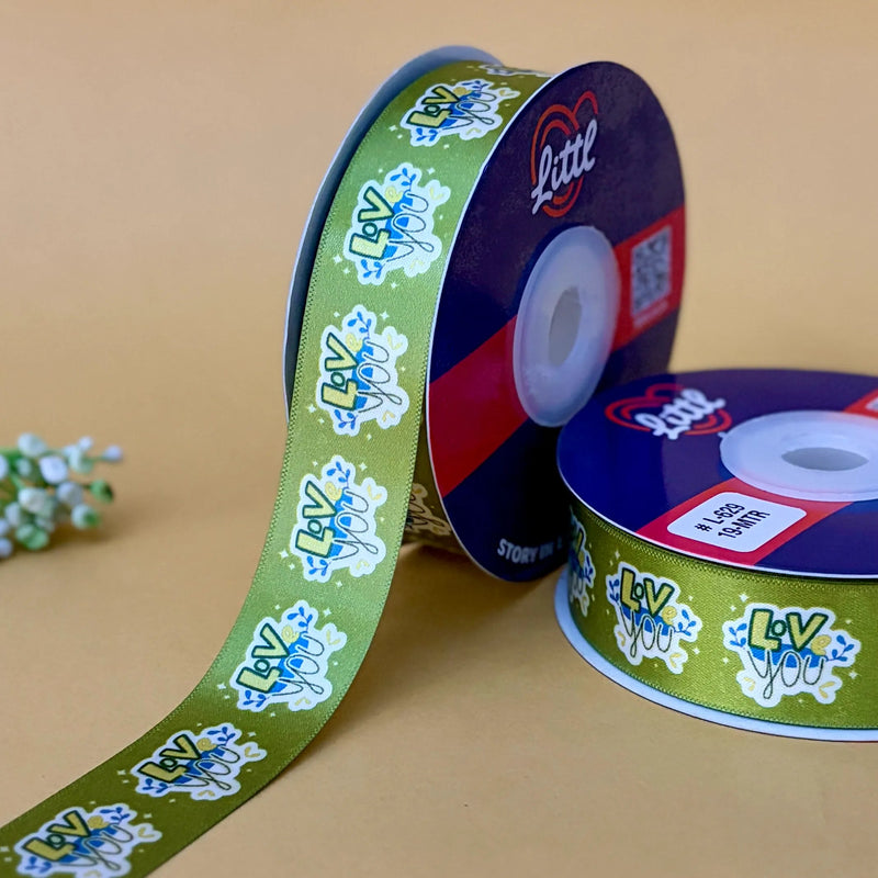 I Love You Printed Ribbon 25mm - Valentine's Day - Aqua - printed satin ribbon by Littl India