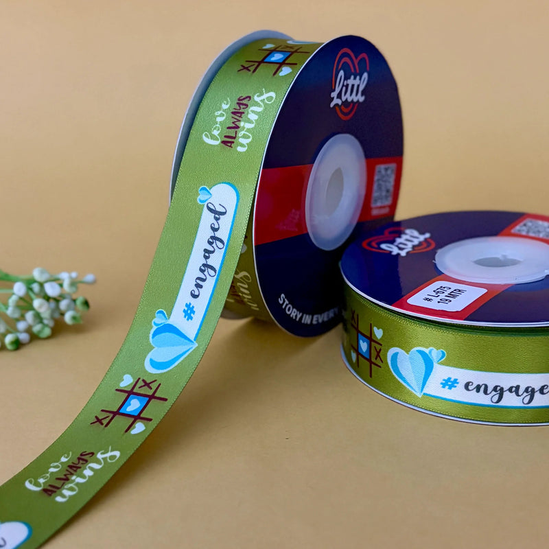 Engagement Printed Ribbon 25mm - Olive - printed satin ribbon by Littl India