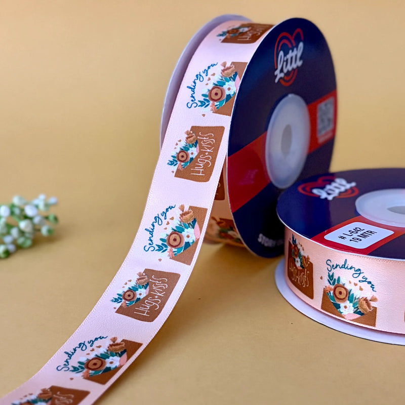 I Love You Printed Ribbon 25mm - Beige - printed satin ribbon by Littl India