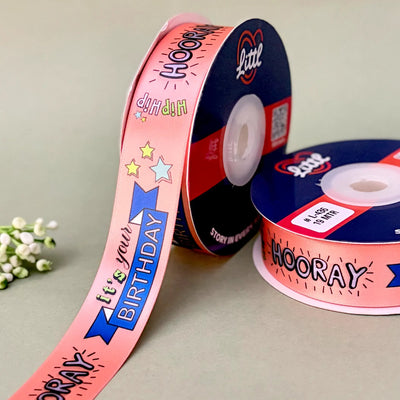 ribbon-Pastel Red-Birthday Printed Satin Ribbon 1 Inch 19 Meter - Gift Wrapping Party Decoration Cake Box - Happy Birthday Design - 6 Colors - Ships Same Day India-Littl Ribbons