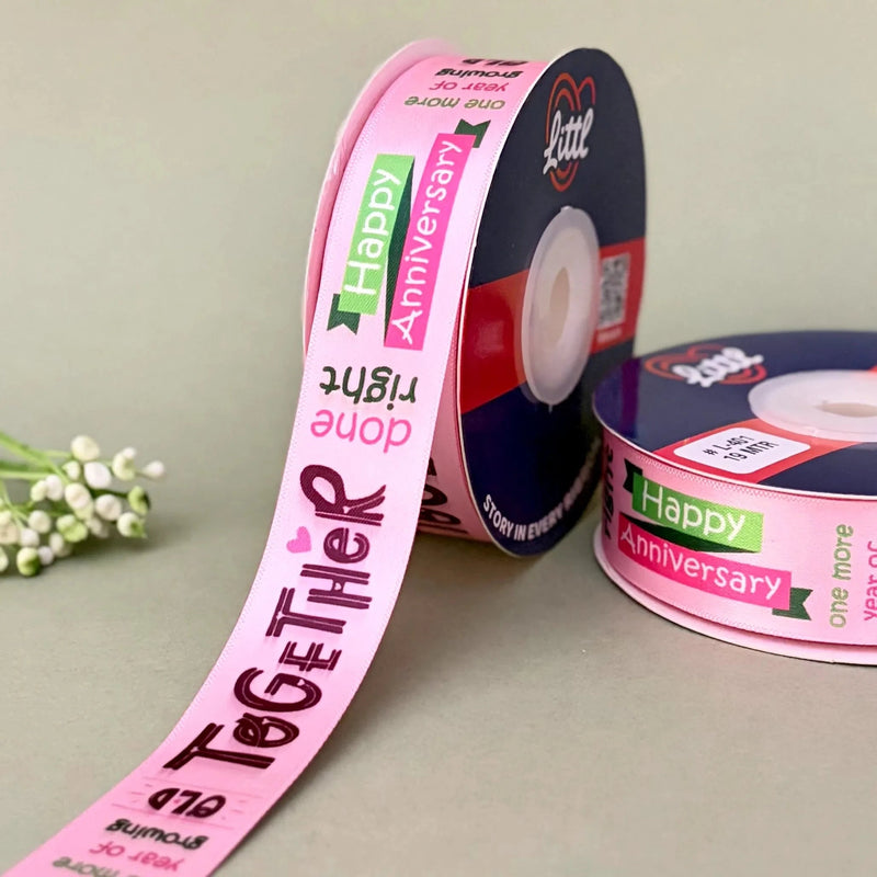 Happy Anniversary Printed Ribbon 25mm - Warm Tones - Peach - printed satin ribbon by Littl India