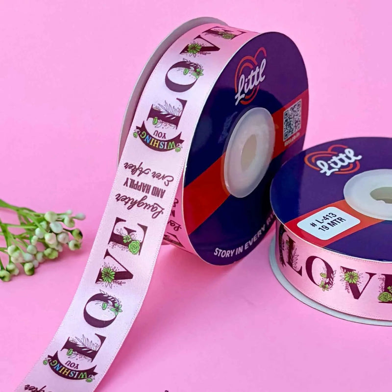 Happy Anniversary Printed Ribbon 25mm - Classic Colours - Green - printed satin ribbon by Littl India