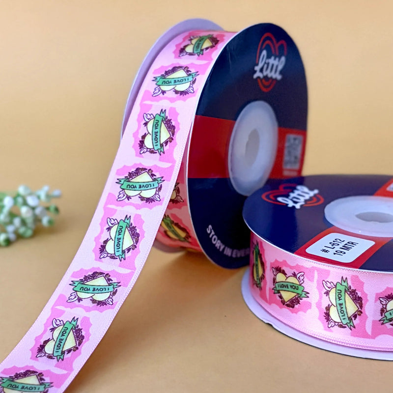 I Love You Printed Ribbon 25mm - Romantic Pastels - Sky Blue - printed satin ribbon by Littl India