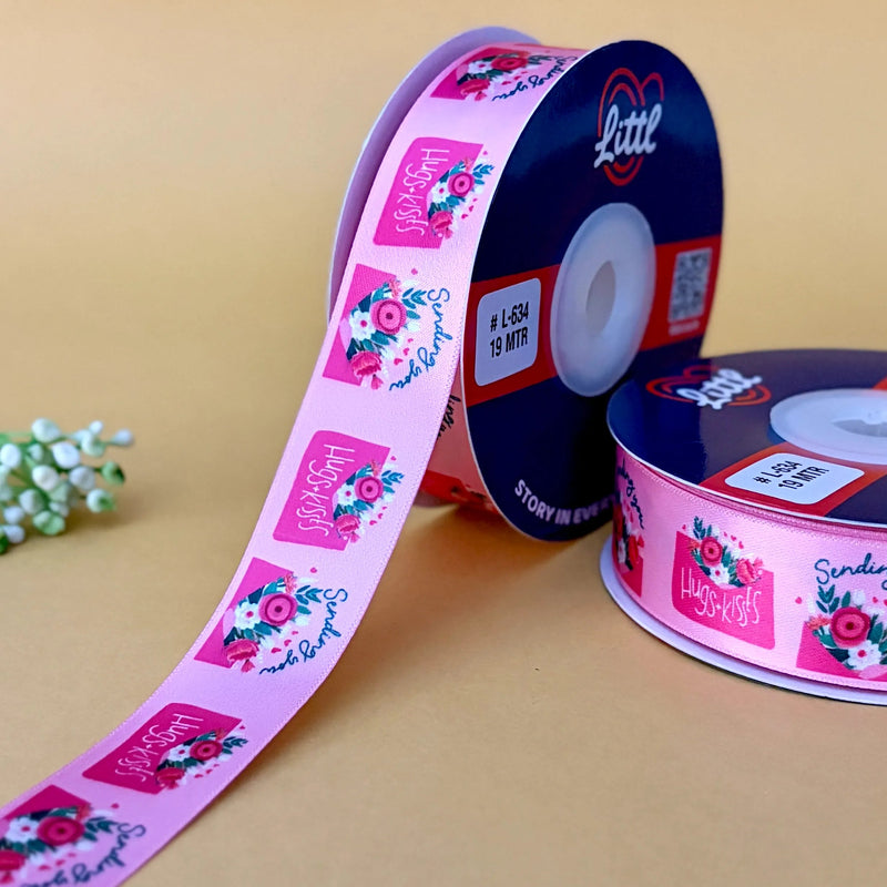 I Love You Printed Ribbon 25mm - Pink - printed satin ribbon by Littl India