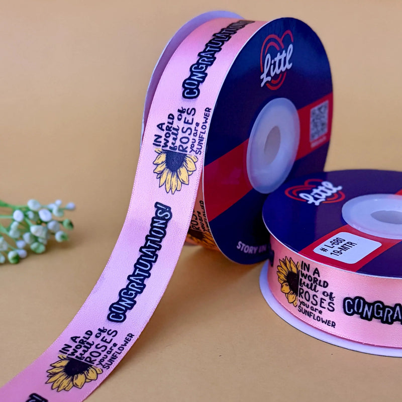 Congratulations Printed Ribbon 25mm - Peach - printed satin ribbon by Littl India
