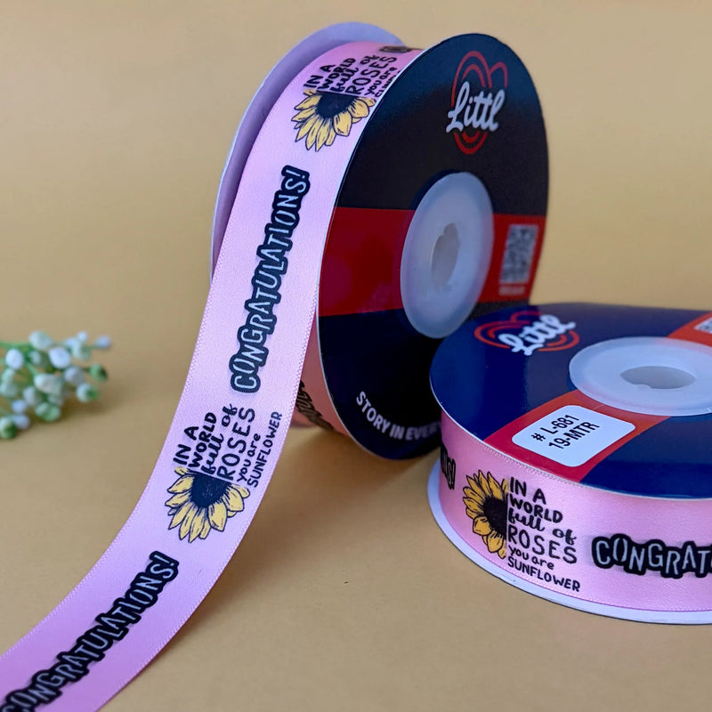 Congratulations Printed Ribbon 25mm - Pink - printed satin ribbon by Littl India