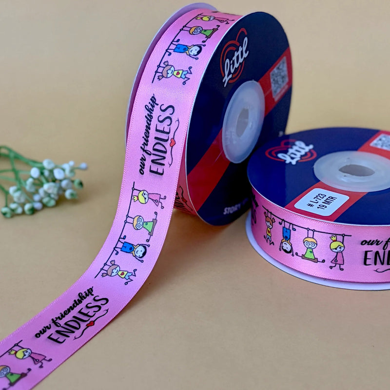 Friendship Printed Ribbon 25mm - Pink - printed satin ribbon by Littl India