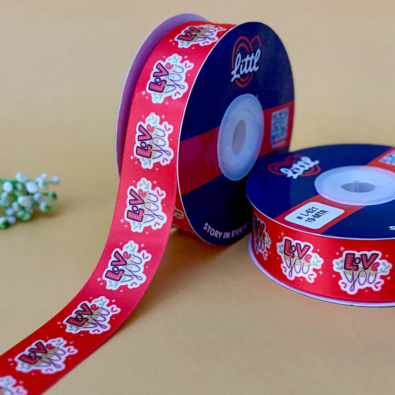 I Love You Printed Ribbon 25mm - Valentine's Day - Rust - printed satin ribbon by Littl India