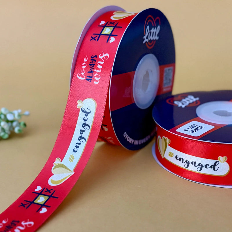 Engagement Printed Ribbon 25mm - Red - printed satin ribbon by Littl India