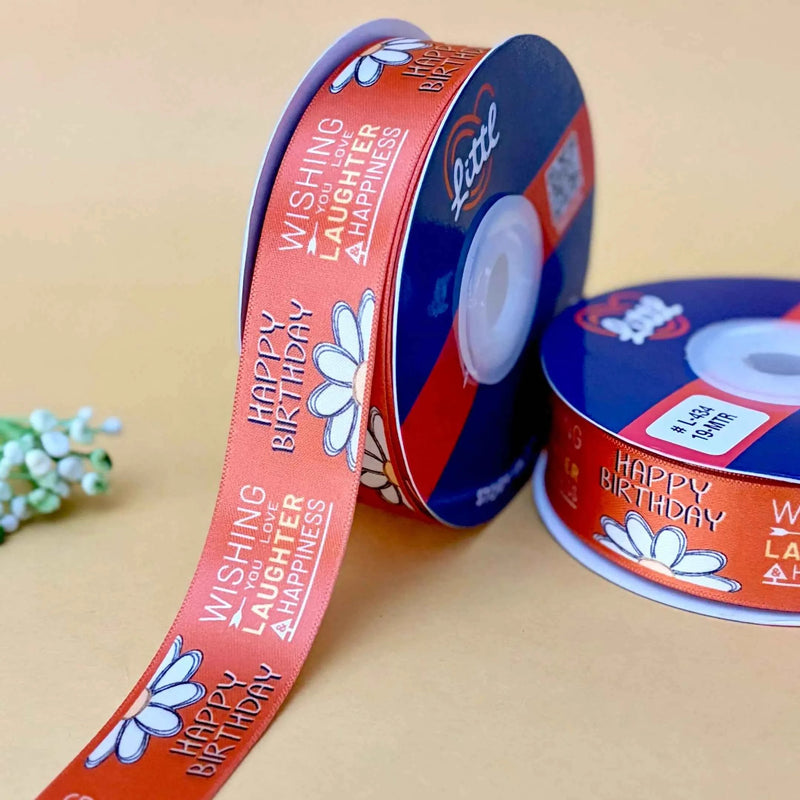 Happy Birthday Printed Ribbon 25mm - Dark Colours - Blue - printed satin ribbon by Littl India