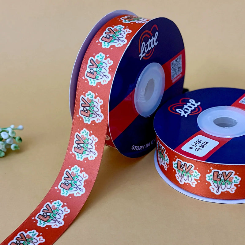 I Love You Printed Ribbon 25mm - Valentine's Day - Olive - printed satin ribbon by Littl India