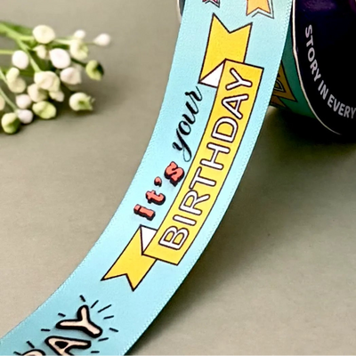 ribbon-Sea Green-Birthday Printed Satin Ribbon 1 Inch 19 Meter - Gift Wrapping Party Decoration Cake Box - Happy Birthday Design - 6 Colors - Ships Same Day India-Littl Ribbons