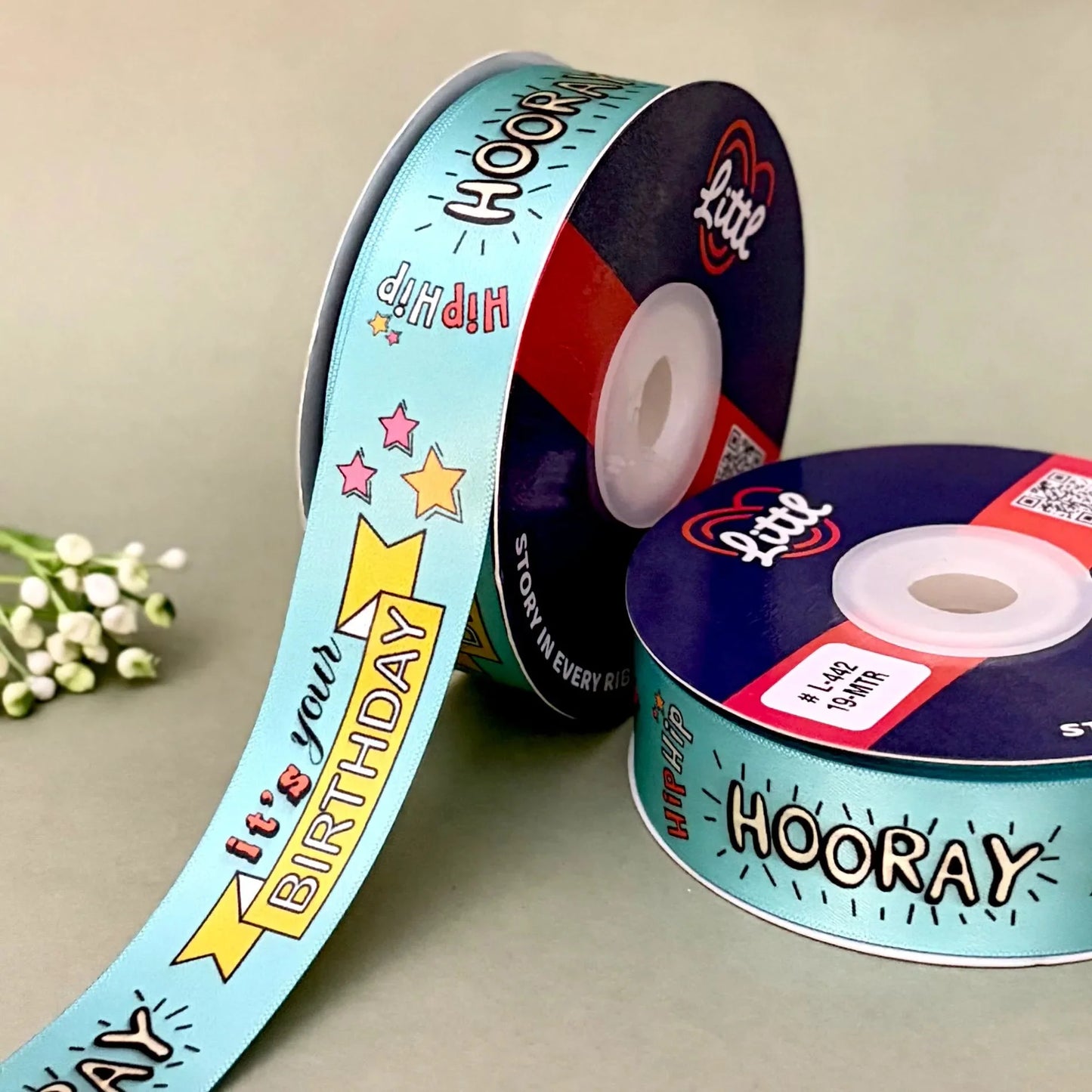 printed ribbon - birthday printed  ribbon 1 inch 19 meter - gift wrapping party decoration - double face polyester - 6 colors sea green  littl