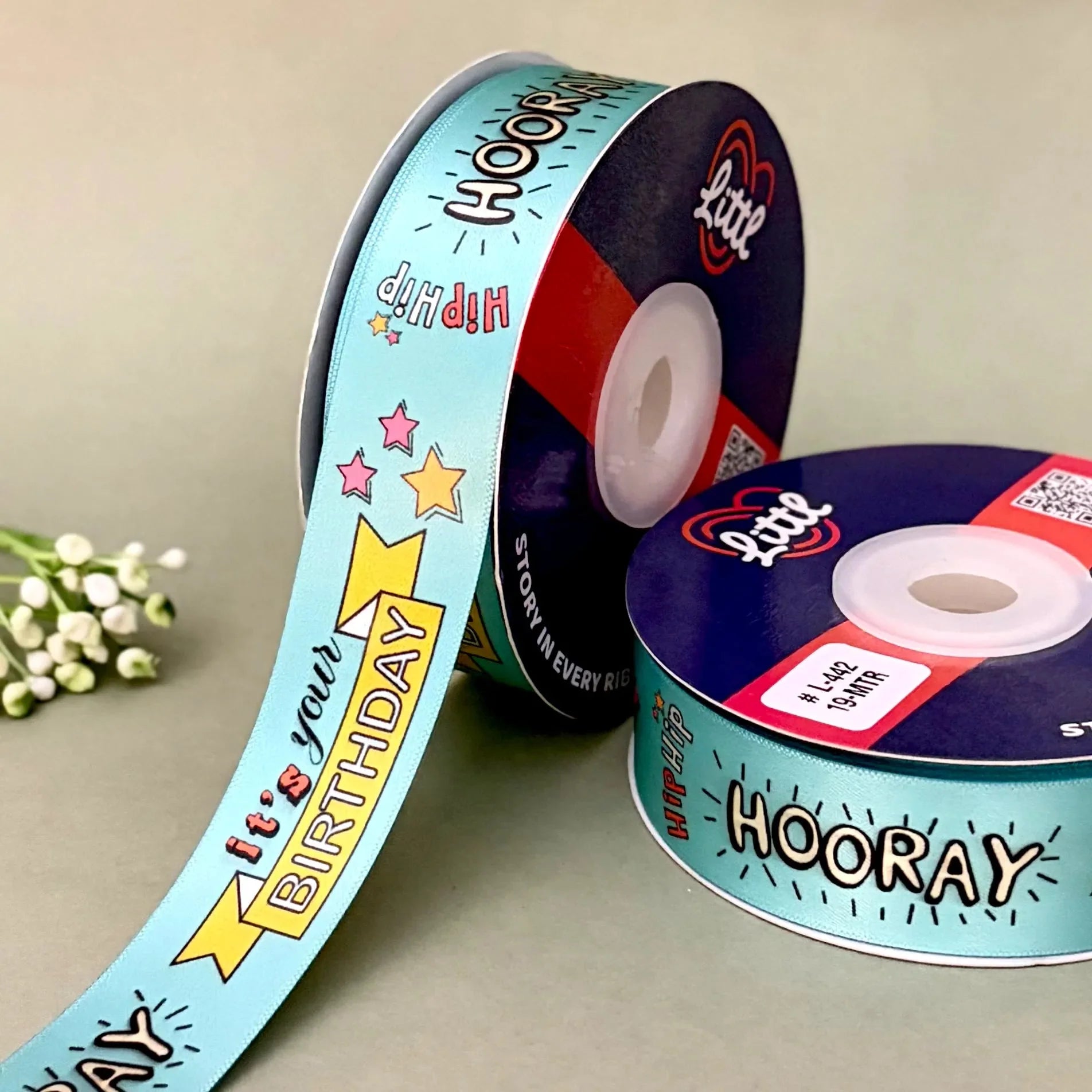 Printed Ribbon - Birthday Printed  Ribbon 1 Inch 19 Meter - Gift Wrapping Party Decoration - Double Face Polyester - 6 Colors Sea Green  Littl