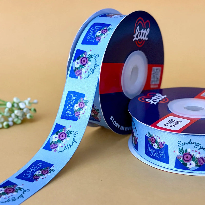 I Love You Printed Ribbon 25mm - Sky Blue - printed satin ribbon by Littl India