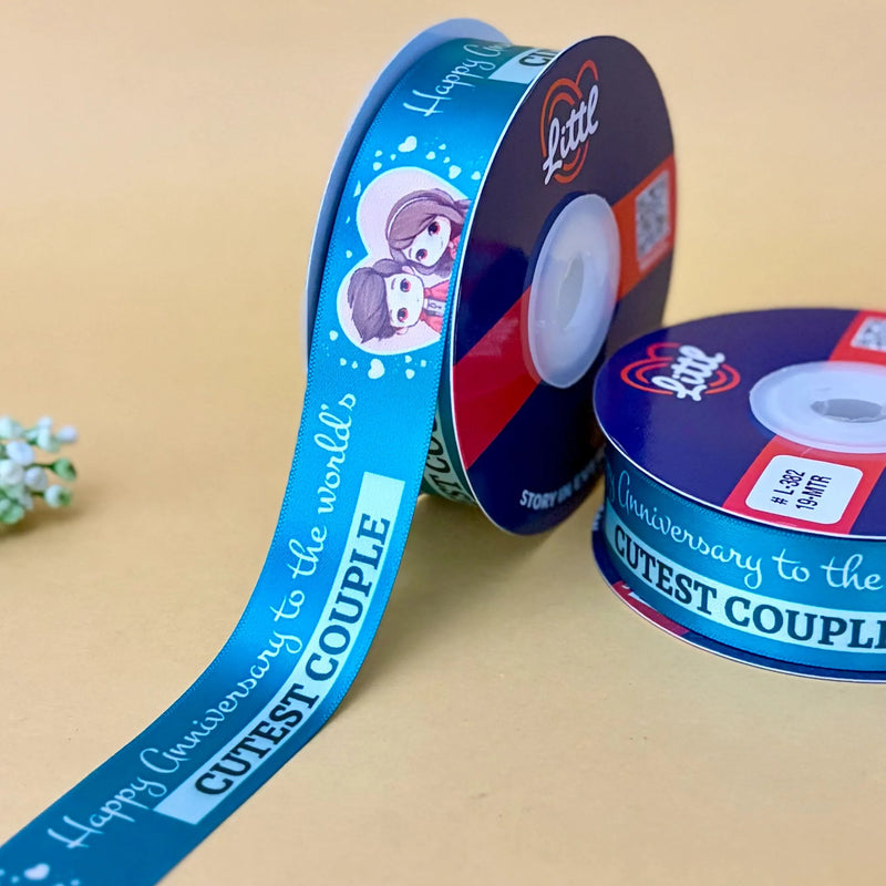 Happy Anniversary Printed Ribbon 25mm - Turquoise - printed satin ribbon by Littl India