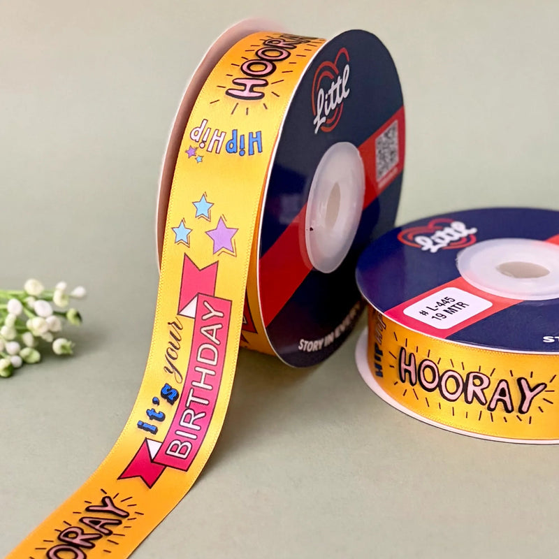 ribbon-Yellow-Birthday Printed Satin Ribbon 1 Inch 19 Meter - Gift Wrapping Party Decoration Cake Box - Happy Birthday Design - 6 Colors - Ships Same Day India-Littl Ribbons