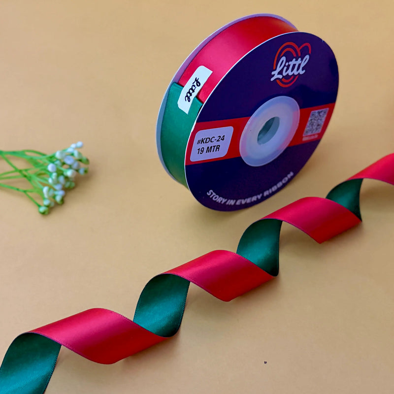 THE ROYAL ROSE - Red & Forest Green Dual Tone Ribbon 20mm - 20mm reversible satin ribbon by Littl India